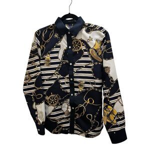 VSKA Nautical Button Down Blouse Helm Rope Chains Blue Gold Long Sleeve Size L